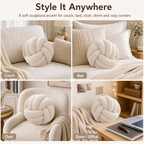 Petrella Beige Knot Pillow Ball, Handmade Soft Lambswool Round Throw Pillow for Chair, Couch and Neutral Room Decor, Small Decorative Pillows, Knotted Accent Cushion, 8 Inch - color: Beige, size: 8inch