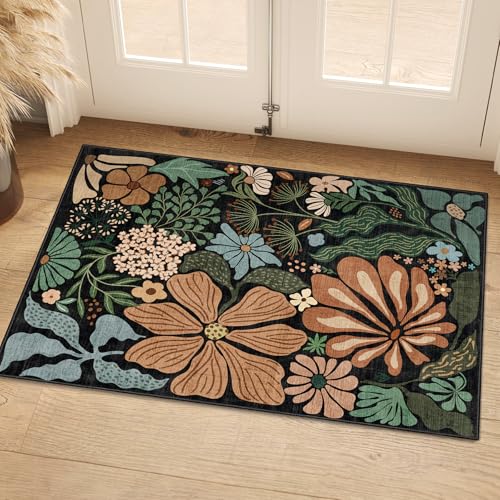 MUJOO Black 2x3 Washable Rug Floral Small Area Rugs for Entryway Kitchen Bathroom,Non Slip Throw Carpet for Bedroom Entrance Door Mat Boho Modern Abstract Vintage Botanical Flower - color: Black（vintage）, size: 2' x 3' (Rectangular)