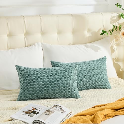 GAWAMAY Decorative Corduroy Lumbar Throw Pillow Covers 12x20 Inch Set of 2 for Living Room Couch Bed Sofa, Farmhouse Cushion Cover Soft Striped Neutral Pillows Cases Home Decor (30x50cm) Blue Green - color: Blue Green, size: 20" x 12" (Pack of 2)
