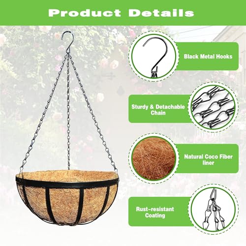 2 Pack 12 Inch Black Metal Hanging Basket Hanging Planter with Coco Coir Liner Heavy Duty Hanging Flower Pot Holder for Indoor Outdoor Patio Garden Porch Balcony Decor (Flat Iron) - color: Flat Iron
