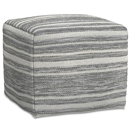 SIMPLIHOME Carina Contemporary Square Woven Pouf in Black Melange, White Wool for the Living Room, Bedroom and Kids Room - color: Black Melange, White, style: Wool Pouf