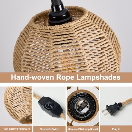 15ft Plug in Pendant Light with Cord Dimmable Switch Rattan Hanging Lamp with Hand Woven Wicker Plug in Chandelier Boho Hanging Lights Fixture for Bedroom Kitchen Hallway Foyer - size: Plug 1 Light Round