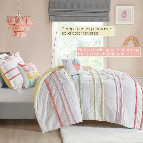 Intelligent Design Kids Full Cotton Comforter Set, Casual Fun Colors Chenille Stripes, All Seasons Fluffy Comforter Bed Set, Shams, Decor Pillows, Haisley, Full/Queen, Pink Multi 5 Piece - color: Pink Multi, size: F/Q Comforter