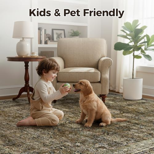 WITSHOCK 8x11 Area Rugs for Living Room - Washable Vintage Rug Retro Antique Dark Large Non Slip Low Pile Soft Boho Indoor Floor Carpet for Bedroom Dining Room Home Decor, Brown Olive Green - color: Brown/Olive Green/Purple, size: 8' x 11' (Rectangular)