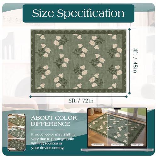 4x6 Covered Outdoor Patio Rug - Green Washable Front Porch Entry Rug Non-Slip Door Mat Indoor Outside Entrance Vintage Floral Scalloped Area Rug for Living Room Entryway Backyard Porch Decor - color: Flower - Green, size: 4' x 6' (Rectangular)