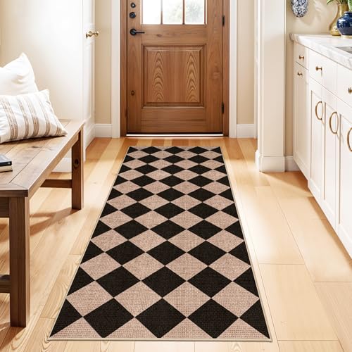 Easy Jute 2x5 Runner Rug: Non Slip Checkered Low Pile Indoor Doormat - Machine Washable Entryway Kitchen Bathroom - Carpet for Dorms Small Spaces Ideal for Young Families First Home (Black/Brown,2x5) - color: Black/Brown, size: 2' x 5' (Rectangular)