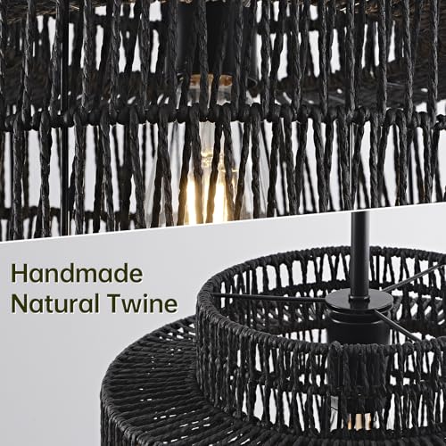 12.4” Black Boho Rattan Chandelier Light Fixture, 1-Light Hand Woven Pendant Light Fixture Farmhouse Rustic Hanging Lamp for Kitchen Island Bedroom, Dining Room, Living Room, Entryway, Foyer - color: Black, size: 12.4" 1-Light