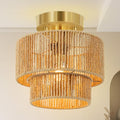 BoostArea 8.66” Boho 2-Tier Rattan Ceiling Light Fixture, Semi Flush Mount Woven Chandelier for Bedroom, Dining Room, Kitchen, Entryway, Living Room(Bulb not Included) - color: Brown