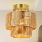 BoostArea 8.66” Boho 2-Tier Rattan Ceiling Light Fixture, Semi Flush Mount Woven Chandelier for Bedroom, Dining Room, Kitchen, Entryway, Living Room(Bulb not Included) - color: Brown