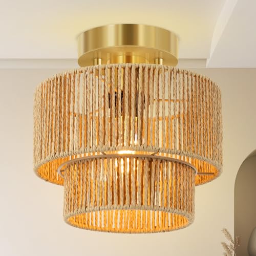 BoostArea 8.66” Boho 2-Tier Rattan Ceiling Light Fixture, Semi Flush Mount Woven Chandelier for Bedroom, Dining Room, Kitchen, Entryway, Living Room(Bulb not Included) - color: Brown