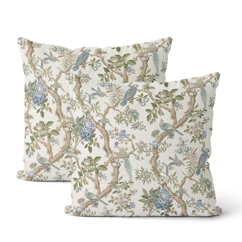 Chinoiserie Throw Pillow Covers 16x16 Inch 2 Pcs Vintage Blue Green Floral Bird Decor Pillow Covers Flower Outdoor Seasonal Farmhouse Decorative Pillowcase Linen Cushion Cover for Couch Sofa - color: Chinoiserie Sage Green Blue Floral Bird, size: 16" x 16