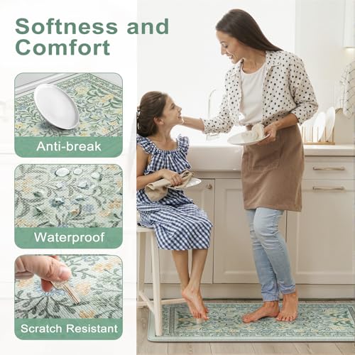 Collive Anti Fatigue Mats for Kitchen Floor, Cushioned Waterproof Sink Rug Set of 2 Spring Floral Kitchen Mat Comfort Non Skid Standing Rug for Office, Desk, Laundry, 17"x30"+17"x59" - color: Teal, size: 17.3"x59"+17.3"x29"