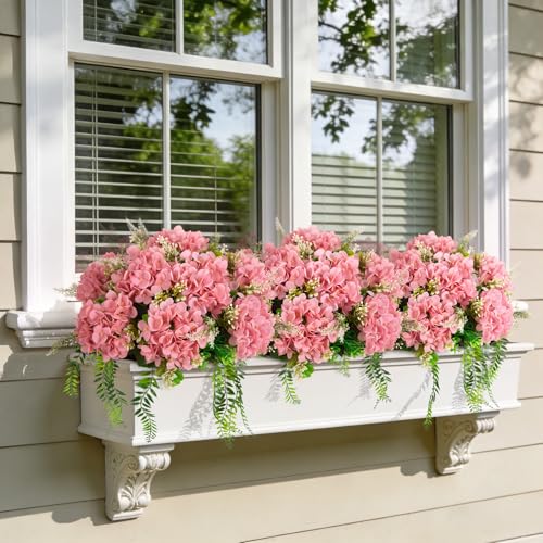 Ammyoo 8 Pcs Artificial Hydrangea Flowers Silk Champagne Fake Flower with Eucalyptus for Outdoor Decorations UV Resistant Realistic Faux Plants for Garden Porch Window Box Indoor Table Decor - color: Champagne