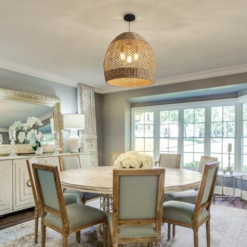 19.7" Boho Rattan Chandelier Fixture,3-Light Farmhouse Wicker Hand Woven Ceiling Hanging Chandeliers of Living Room Dining Room Kitchen Island Hallway - size: 3-Light 19.7 inch