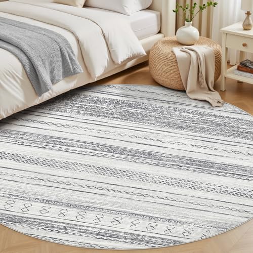 Tortania 5' Round Area Rug Living Room Rugs - Washable Large Soft Neutral Boho Moroccan Bohemian Farmhouse Rug Indoor Floor Carpet for Bedroom Under Dining Table Home Office Decor - Grey - color: Grey, size: 5' (Round)
