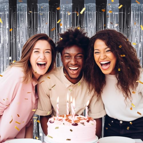 DECOCKRAT 3 Pack Foil Fringe Backdrop - Black&Silver Shiny Tinsel Curtains for Party Decoration/Photo Booth Props - 3.3x8.2 FT Metallic Foil Backdrop for Birthday, Wedding, Graduation, Christmas. - color: Black&Silver