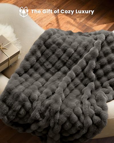 Ultra Soft Cozy Faux Fur Throw Blanket-Fuzzy Plush Thick Bubble Blanket, Fluffy Blanket for Couch, Sofa, Bedroom, and Living Room, 50x60 Inches, Dark Grey Taupe - color: Bubble Dark Grey, size: Throw