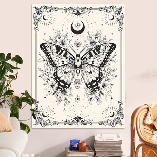 Gruaoihy Boho Beige White Butterfly Tapestry, Aesthetic Moon Wall Hanging for Bedroom Living Room Vertical Decor, 36x48 inches - color: Beige Butterfly, size: 48"L x 36"W