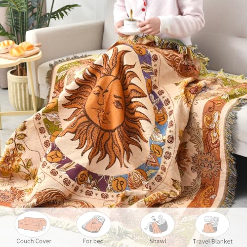Boho Throw Blanket Reversible Cotton Bohemian Tapestry Hippie Room Decor Outdoor Blanket Double Sided (Boho Sun Yellow 50"x60") - color: Boho Sun 3, size: 50*60 inch