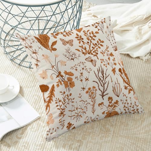 AEIOAE Fall Pillow Covers 16x16 Inch Set of 2,Burnt Orange Wild Flower Plant Throw Pillows Case,Seasonal Floral Outdoor Decorative Square Linen Farmhouse Decor Cushion Covers for Home Sofa Bed Couch - color: Burnt Orange Wild Floral, size: 16" x 16" (Pack