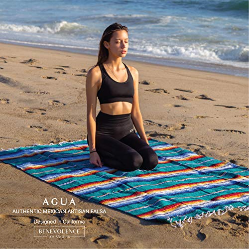 Benevolence LA Mexican Blanket, Authentic Handwoven Yoga Blanket & Outdoor Blanket, Made by Traditional Mexican Artisans, Saddle Blanket, Beach Blanket, Picnic Blanket, & Car Blanket 75 x 52 - Agua - color: Agua
