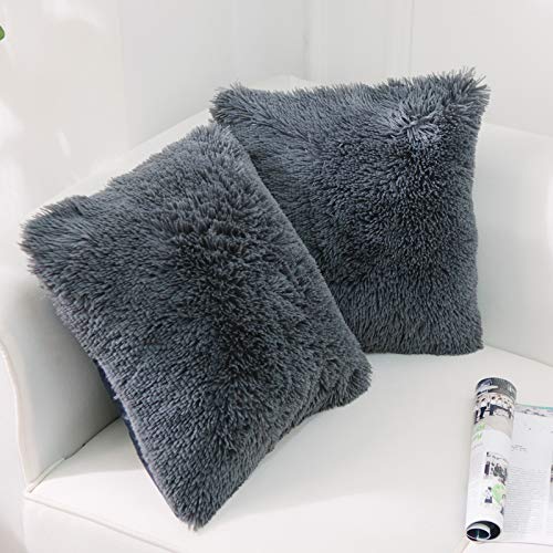 NordECO HOME Luxury Soft Faux Fur Fleece Cushion Cover Pillowcase Decorative Throw Pillows Covers, No Pillow Insert, 18" x 18" Inch, Dark Grey, 2 Pack - color: F-dark Grey, size: 18" x 18" (Pack of 2)