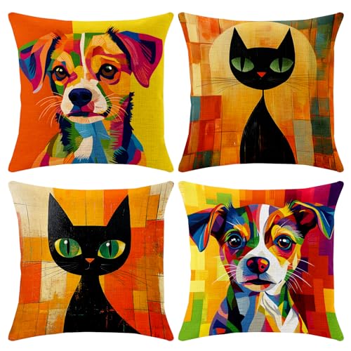 BVBOX Set of 4 Throw Pillow Covers 18"x18", Double-Sided Decorative Pillow Cases, Soft Flax/Short Plush Pillow Covers for Bed, Sofa, Couch, Living Room, Bedroom (Flax, Cats and Dogs) - color: Cats and Dogs
