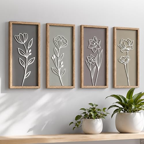 3D Wooden Floral Bathroom Wall Decor (Set of 4) Lightweight, Ready-to-Hang Framed Wall Art For Living Room, Bedroom, or Office - Premium Boho Botanical Farmhouse Decorations - Gift-Boxed - color: Naturals, size: 7" x 16"