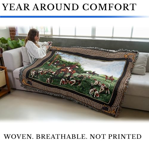 Pure Country Weavers The Fox Hunt Dog Woven Blanket - Gift Cotton Tapestry Throw - Made in The USA - 72" x 54" - color: Fox Hunt, size: 72" x 54"