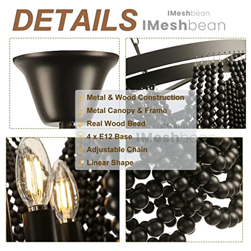 Boho Chandelier, Black Wood Beaded Chandelier Bohemia Light Fixture, Rustic Farmhouse Ceiling Light Fixture for Dinning Room Bedroom Living Room, 25.5 inch OD - color: Black 25.5"