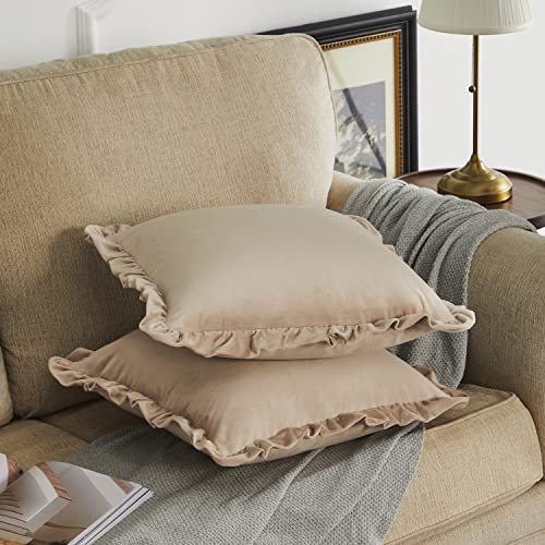 GIGIZAZA Champange Decorative Throw Pillow Covers, 18x18 Velvet Ruffle Cushion Pillow Covers for Sofa Couch Set of 2 - color: Champagne, size: 18" x 18" (Pack of 2)