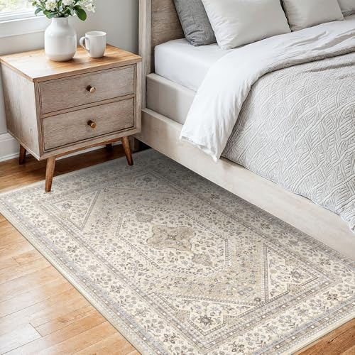 Washable 2x4 Runner Rug for Entryway: Non Slip Kitchen Rugs with Rubber Backing Soft Pet-Friendly Mats Stain Resistant Low Pile Carpet for Hallway Bedroom Bathroom Laundry Home Decor Beige/Gray - color: Beige/Gray, size: 2' x 4' (Rectangular)
