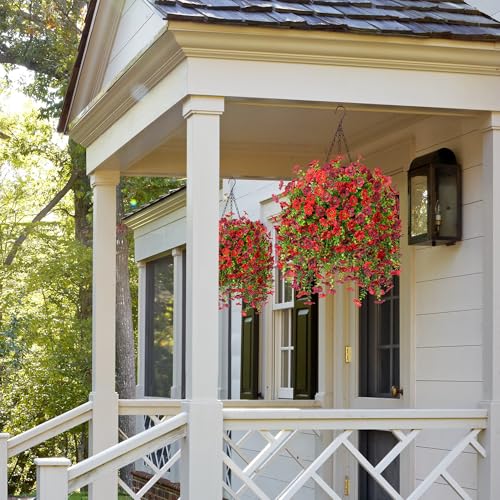 Ammyoo Artificial Fake Hanging Flowers Plants with Basket for Outdoor Spring Decoration, Faux Silk Daisy Flower Real Touch UV Resistant for Outside Porch Patio Garden Yard Home Decor(Red Brown) - color: Red Brown