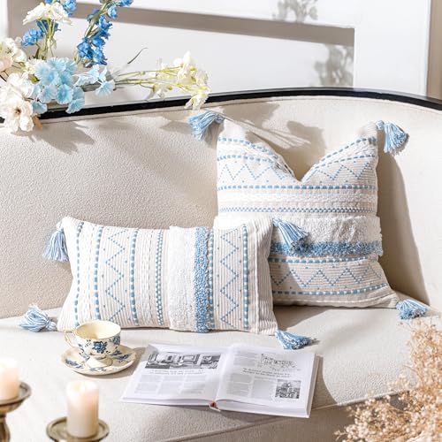 BlissBlush 20X20 Throw Pillow Cover, Coastal Blue Square Decorative Cushion Cover, Boho Accent Pillowcase with Tassels for Couch Sofa Living Room (Cover Only) - color: Blue, size: 20" x 20" (Pack of 1)
