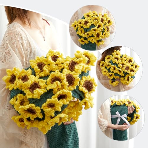 Flower Bouquet Blanket, Birthday Gifts for Mom Teacher Women Grandkids Wife Girlfriend Her, Crochet Flower Blanket, Soft Knitted Throw Blankets for Teacher Appreciation Housewarming Gifts (Sunflowers) - color: C-yellow Sunflowers