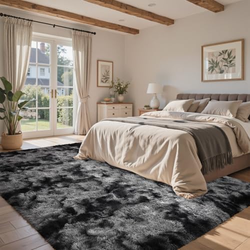 Black Grey Rugs for Bedroom Fluffy 4x6 Area Rug, Super Fuzzy Fur Living Room Carpet for Boys Dorm Office Nursery Modern Home Decor - color: A-tie-dye Darkgrey, size: 4' X 6' (Rectangular)