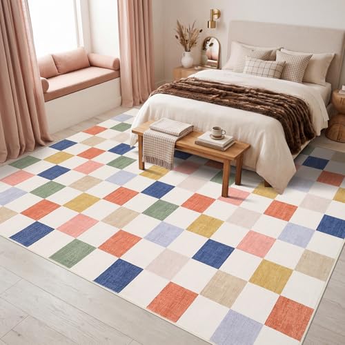 GarveeHome Checkered Colorful Rainbow 8x10 Area Rug for Living Room Washable Geometric Modern Soft Low-Pile Stain Resistant Kids Large Rug for Bedroom Non-Slip TPE Backing - color: Colorful, size: 8' x 10' (Rectangular)