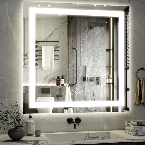 XRAMFY 47"x 47" LED Bathroom Mirror, Backlit + Front Lit, LED Bathroom Mirror with Lights for Wall, 3 Colors, Anti-Fog, Dimmable Brightness, Tempered Glass - size: 47"L x 47"W