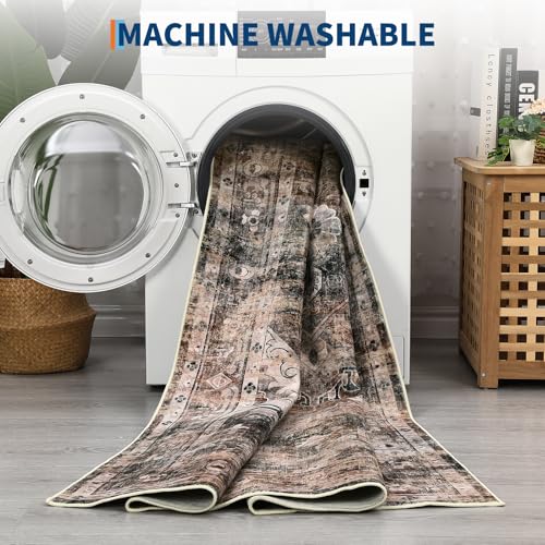 GarveeHome Washable Rug Runner 2x6 Vintage Runners for Hallways Non Slip Low Pile Long Rugs Stain Resistant Kitchen Rug Floral Soft Kitchen Rugs Carpet for Laundry Entryway Bedroom Brown - color: Brown, size: 2' x 6' (Rectangular)