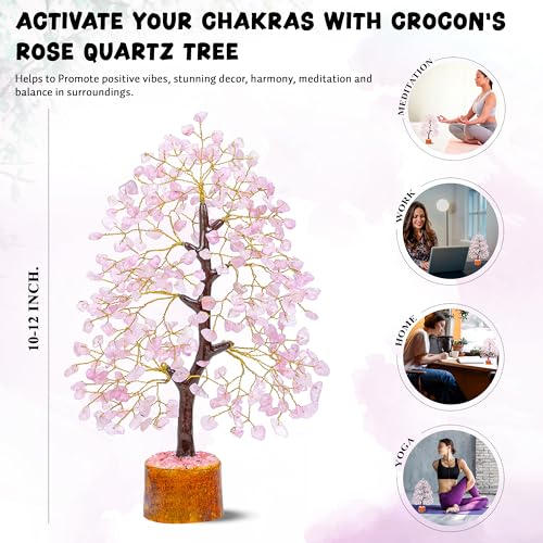 Crocon® Rose Quartz Crystal Tree of Life - Love & Self-Care Healing Crystals for Positive Energy, Feng Shui Money Tree, Pink Home Room Decor, Birthday Gifts for Women, Mom, Sister, Girlfriend & Her - color: 001 Rose Quartz (Golden Wire)