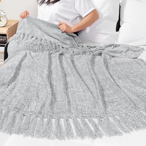 PAVILIA Light Gray Blanket for Couch, Twin Size Bed, Chenille Throw for Sofa Bed, Soft Knit Woven Gray Blanket with Decorative Tassel for Living Room, Light Grey Twin 60x80 - color: Light Grey, size: 60 X 80 Inches - Twin