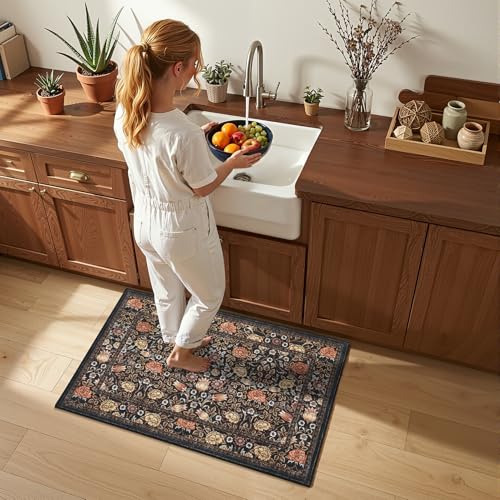 GarveeHome Brown Vintage Floral Small Rug 2x3 Door Mat Indoor Rugs for Entryway Washable Non-Slip TPE Backing Soft Low-Pile Rugs for Bathroom Bedroom Kitchen Entrance - color: A Brown / Black, size: 2' x 3' (Rectangular)