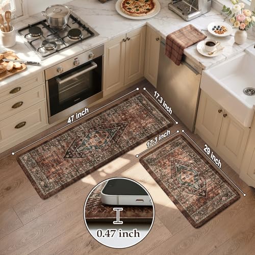 KIMODE Kitchen Mats for Floor Cushioned Anti Fatigue, Floral Kitchen Rugs Sets of 2, Brick Rugs for Kitchen Floor, Comfort Kitchen Floor Mats, Ergonomic Standing Desk Mat for Sink Laundry Room Decor - color: Brick, size: 17.3" x 47 "+ 17.3" x 29 "--0.47 i