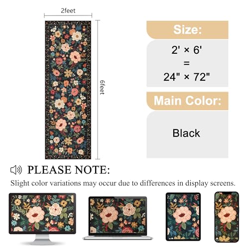 DUKINO 2x6 Runner Rug for Hallway, Washable Kitchen Runner Rug with Non Slip Backing, Low Pile Soft Boho Floral Runner for Kitchen, Hallway, Entryway, Laundry, Bedroom, Black - color: Black, size: 2' x 6' (Rectangular)