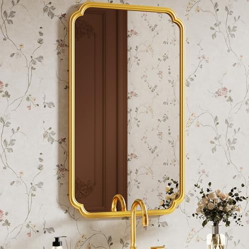 Ferytange 26"x40" Rustproof Bathroom Mirror Gold, Round Corner Metal Frame Wall Mirror, Horizontal/Vertical Hanging Over Sink, Bedroom Bathroom Decor - color: Gold, size: 40"L x 26"W