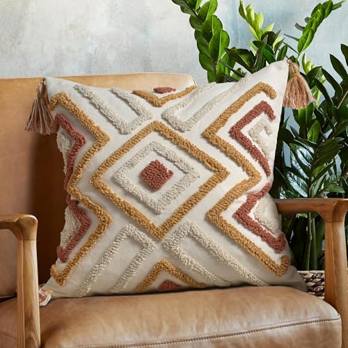 Boho Pillow Covers 18X18 Inch Boho Tufted Throw Pillow Covers Decorative Tassels Cushion Cover Farmhouse Pillow Case for Couch Sofa Bed Living Room Bedroom, Rust - color: Boho Multi-rust, size: 18" x 18" (Pack of 1)