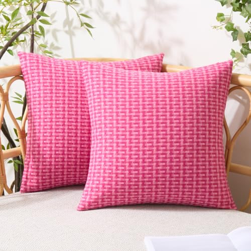 UGASA Valentines Outdoor Waterproof Pillow Covers Pack of 2 Weaving Texture Water Resistant Outside Decorative Pillow Cases for Patio Garden Porch Yard Bench Tent 18x18 Inch, Hot Pink - color: Hot Pink, size: 18" x 18" (Pack of 2)