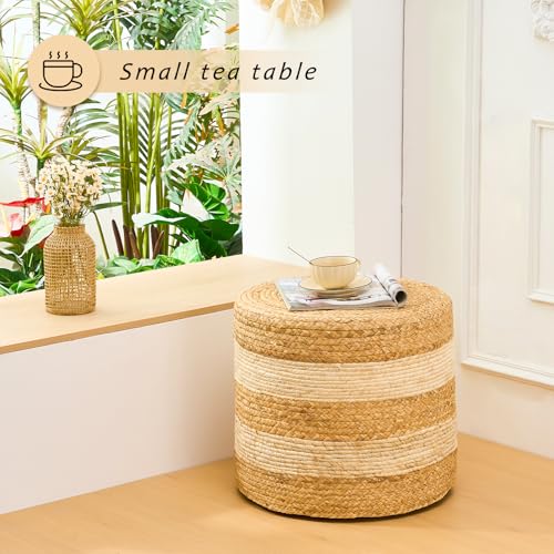 Handwoven Ottoman Pouf, Natural Water Hyacinth Footstool, Round Braided Outdoor Seat with Sturdy Frame, Boho Accent Stool for Patio, Balcony, or Garden (White) - color: White, size: 17.7"D x 17.7"W x 15.7"H