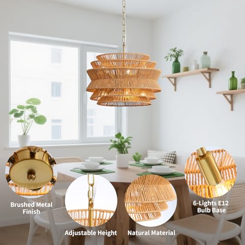6-Light Boho Rattan Chandelier, 17.7 inch Hand Woven Farmhouse Hanging Light Fixture, Rustic Woven Ceiling Lamp for Kitchen Island, Dining Room, Living Room & Foyer - color: 17.7" Brown