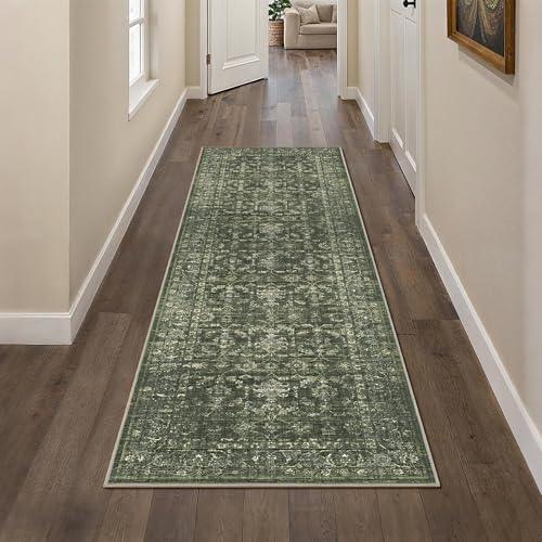2x7 Green Runner Rug Hallway Washable Area Rugs Kitchen Vintage Boho Non Slip Long Rug Floral Carpet Indoor Retro Soft Low Pile Throw Rug for Bedroom Bathroom Laundry Dining Living Room Office - color: Dark Green, size: 2' x 7' (Runner)